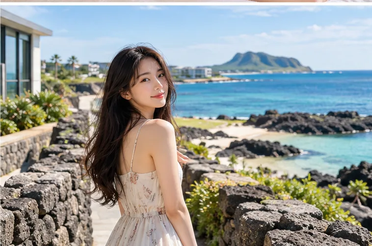 제주 해안 산책 장면의 성인 여성 모델