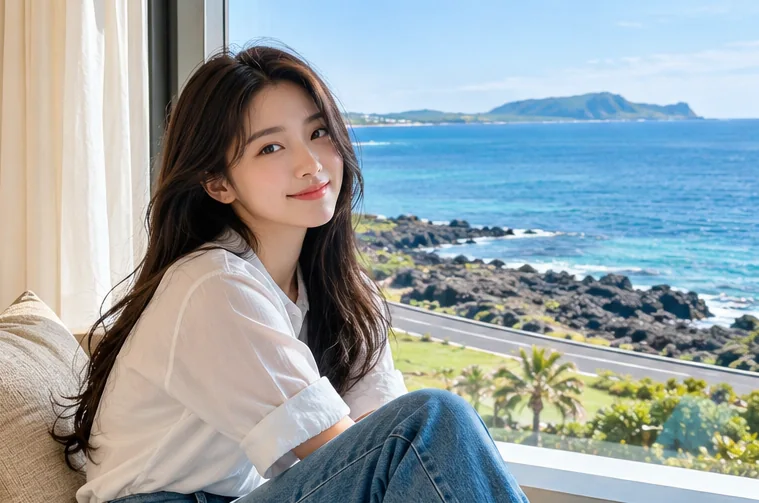 제주 바다를 배경으로 숙소에서 쉬는 한국인 성인 여성 모델의 연출 사진